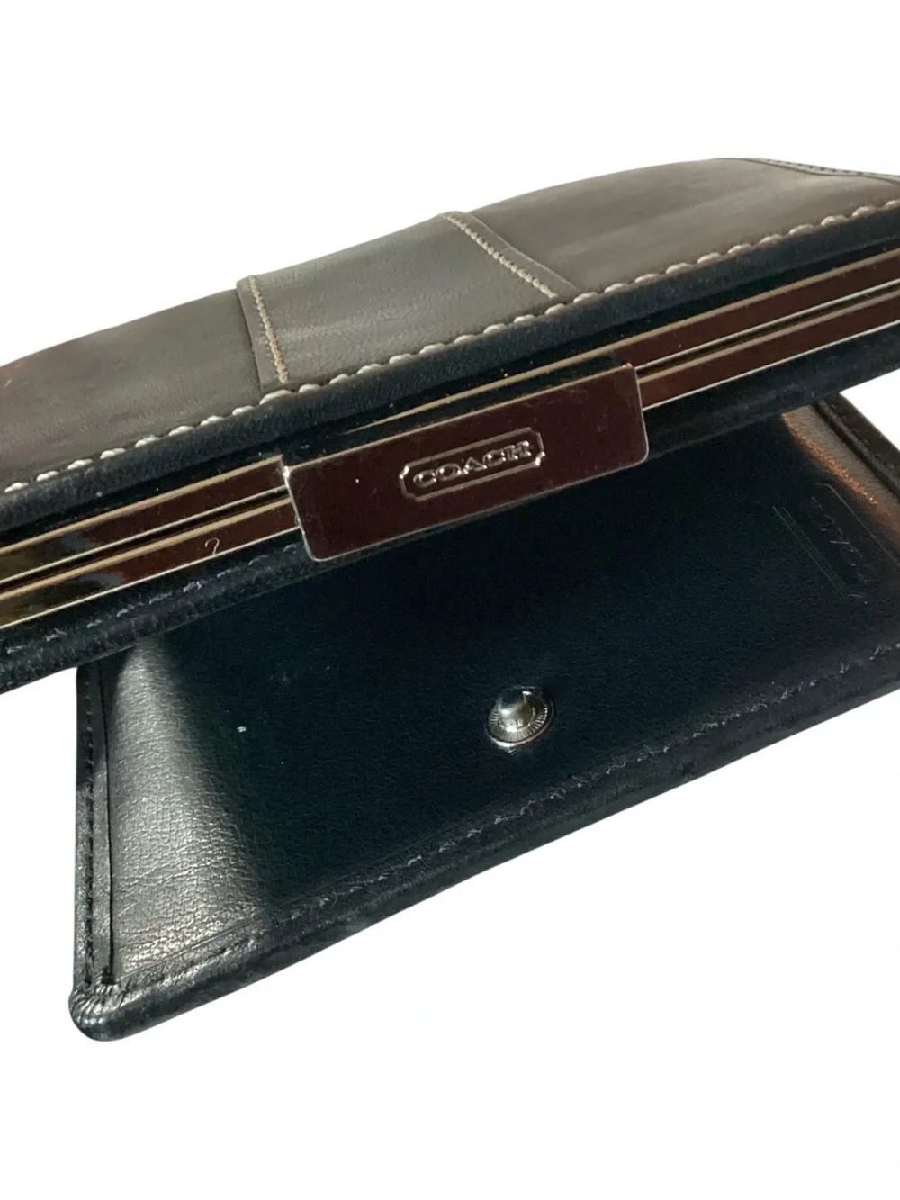 Coach Vintage Y2K Black Leather Compact Bifold Wallet White Stitching